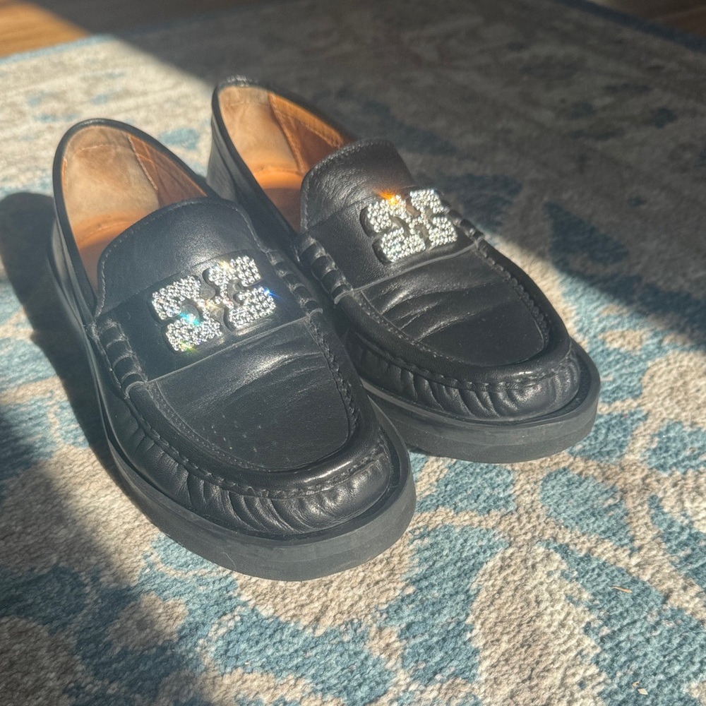Ganni Black Leather Loafers with Silver Detail